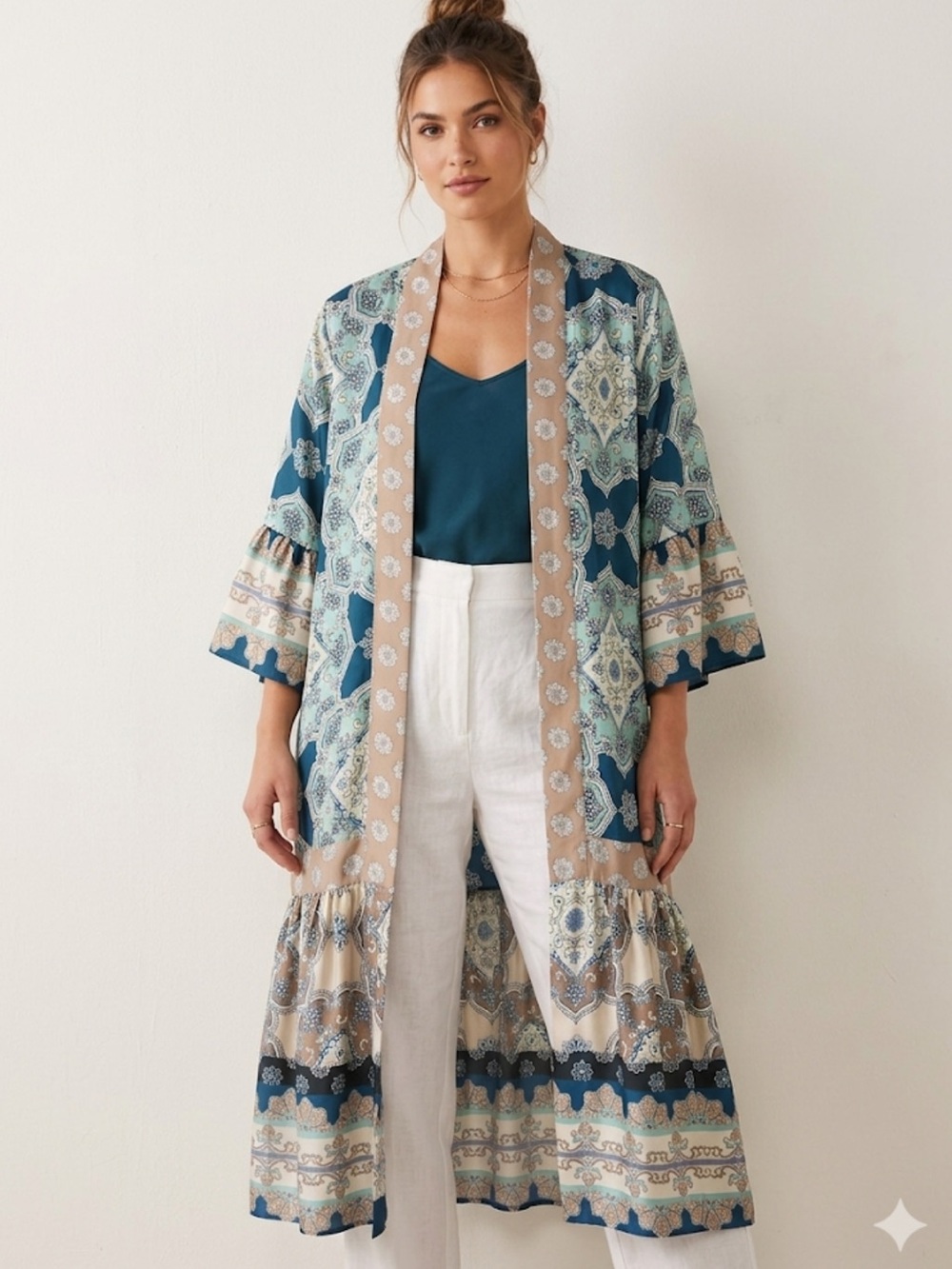 Unsubscribed Silk Kimono Boho Tile-Print Open Front Robe in Navy and Teal